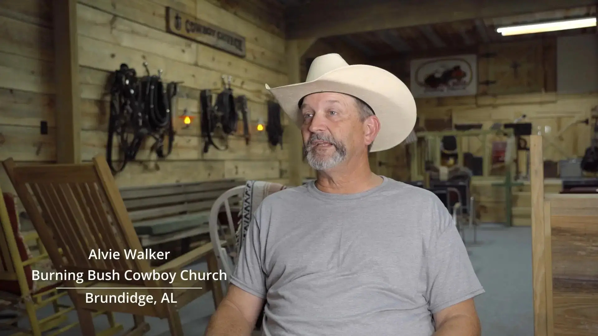 Pastor Alvie Walker inside Burning Bush Cowboy Church